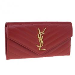 Pre Owned Saint Laurent Paris Red Leather Monogram Flap Wallet