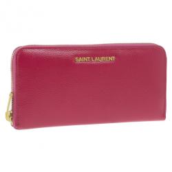 Pre Owned Saint Laurent Paris Pink Leather Zip Around Wallet