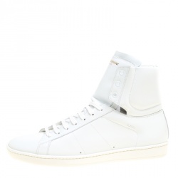 Pre Owned حذاء رياضي سان لوران باريس مرتفع من أعلى SL/01H كلاسيكي كورت شهير جلد أبيض أوبتيك مقاس 43