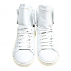Pre Owned حذاء رياضي سان لوران باريس مرتفع من أعلى SL/01H كلاسيكي كورت شهير جلد أبيض أوبتيك مقاس 43
