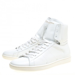 Pre Owned حذاء رياضي سان لوران باريس مرتفع من أعلى SL/01H كلاسيكي كورت شهير جلد أبيض أوبتيك مقاس 43