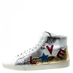 مملوكة مسبقًا Saint Laurent Paris Tricolor Leather And Coarse Glitter Love High Top Sneakers Size 43.5