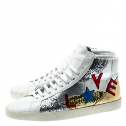 مملوكة مسبقًا Saint Laurent Paris Tricolor Leather And Coarse Glitter Love High Top Sneakers Size 43.5