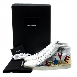 مملوكة مسبقًا Saint Laurent Paris Tricolor Leather And Coarse Glitter Love High Top Sneakers Size 43.5