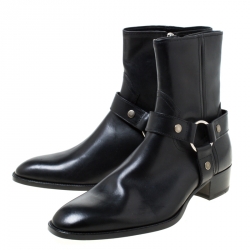 Pre Owned Saint Laurent Black Leather Harness Ankle Boots Size 41