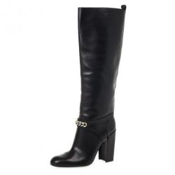 مملوكة مسبقًا Yves Saint Laurent Black Leather 'New Chyc 105' Chain Link Knee Length Boots Size 39.5