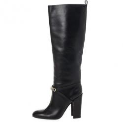 مملوكة مسبقًا Yves Saint Laurent Black Leather 'New Chyc 105' Chain Link Knee Length Boots Size 39.5