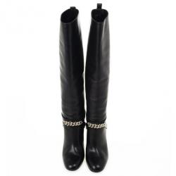 مملوكة مسبقًا Yves Saint Laurent Black Leather 'New Chyc 105' Chain Link Knee Length Boots Size 39.5