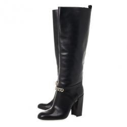 مملوكة مسبقًا Yves Saint Laurent Black Leather 'New Chyc 105' Chain Link Knee Length Boots Size 39.5