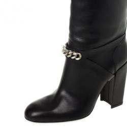 مملوكة مسبقًا Yves Saint Laurent Black Leather 'New Chyc 105' Chain Link Knee Length Boots Size 39.5