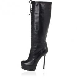 مملوكة مسبقًا Yves Saint Laurent Black Leather Tribtoo Knee Length Platform Boots Size 39.5