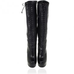 مملوكة مسبقًا Yves Saint Laurent Black Leather Tribtoo Knee Length Platform Boots Size 39.5