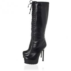 مملوكة مسبقًا Yves Saint Laurent Black Leather Tribtoo Knee Length Platform Boots Size 39.5
