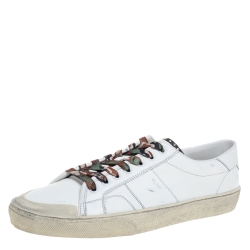 Pre Owned Saint Laurent Paris White Distressed Leather Camo Lace SL/37 Classic Court Sneakers Size 45
