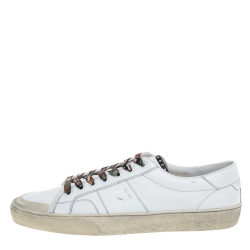 Pre Owned Saint Laurent Paris White Distressed Leather Camo Lace SL/37 Classic Court Sneakers Size 45