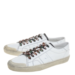 Pre Owned Saint Laurent Paris White Distressed Leather Camo Lace SL/37 Classic Court Sneakers Size 45