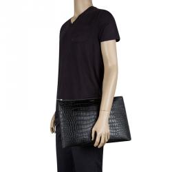Pre Owned Saint Laurent Paris Black Croc Embossed Leather Porte Document