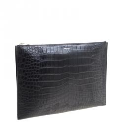 Pre Owned Saint Laurent Paris Black Croc Embossed Leather Porte Document
