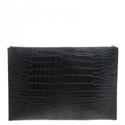 Pre Owned Saint Laurent Paris Black Croc Embossed Leather Porte Document