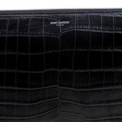 Pre Owned Saint Laurent Paris Black Croc Embossed Leather Porte Document