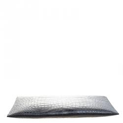 Pre Owned Saint Laurent Paris Black Croc Embossed Leather Porte Document