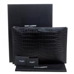 Pre Owned Saint Laurent Paris Black Croc Embossed Leather Porte Document