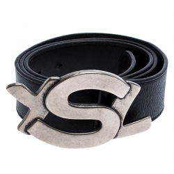 Saint Laurent Paris Black Leather YSL Logo Buckle Belt 100CM