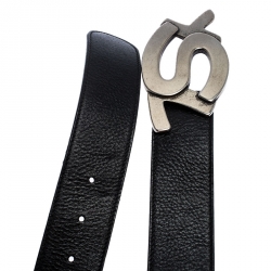 Pre Owned Saint Laurent Paris Black Leather YSL Logo Buckle Belt 100CM