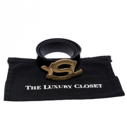 Pre Owned Saint Laurent Paris Black Patent Leather YSL Logo Buckle Belt 100CM