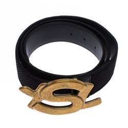 Saint Laurent Paris Black Mesh and Leather YSL Logo Buckle Belt 100CM