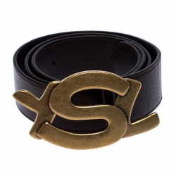 Pre Owned Saint Laurent Paris Dark Brown Leather YSL Logo Buckle  Belt 100CM