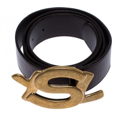 Pre Owned Saint Laurent Paris Dark Brown Leather YSL Logo Buckle  Belt 100CM
