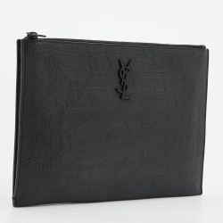 Saint Laurent Black Croc Embossed Leather Monogram Pouch
