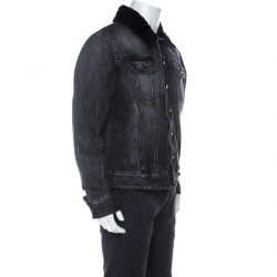 Saint Laurent Paris Black Shearling Lined Distressed Denim Jacket XL 