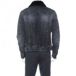 Saint Laurent Paris Black Shearling Lined Distressed Denim Jacket XL 