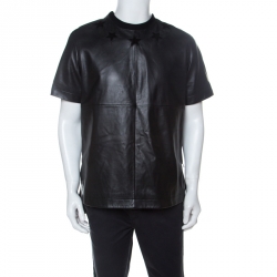 مملوكة مسبقًا Givenchy Black Star Embroidered Leather Crew Neck T-Shirt M 