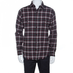 Pre Owned Saint Laurent Paris Multicolor Checked Cotton Frayed Hem Detail Shirt L