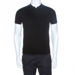 Saint Laurent Paris Black Cotton Pique Leather Collar Detail Polo T-Shirt M