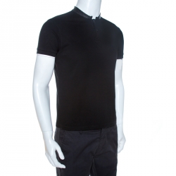 Saint Laurent Paris Black Cotton Pique Leather Collar Detail Polo T-Shirt M