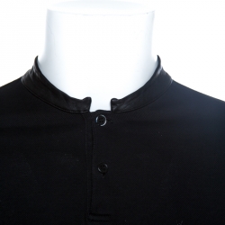 Saint Laurent Paris Black Cotton Pique Leather Collar Detail Polo T-Shirt M