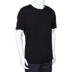 مملوكة مسبقًا Saint Laurent Black Cotton Signature Logo Embroidered Round Neck T Shirt M