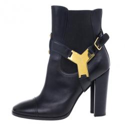 مملوكة مسبقًا Yves Saint Laurent Black Leather Signature Buckle Ankle Boots Size 39