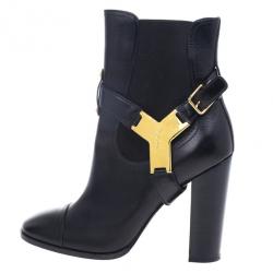 مملوكة مسبقًا Yves Saint Laurent Black Leather Signature Buckle Ankle Boots Size 39