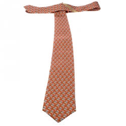 Pre Owned Salvatore Ferragamo Orange Wine Bottle and Glass Printed Silk Tie 