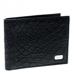 Salvatore Ferragamo Black Croc Bi-fold Wallet 