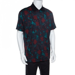 Pre Owned Salvatore Ferragamo Black Cherry Floral Printed Cotton Polo T-Shirt XXL