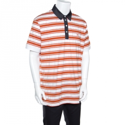 Pre Owned Salvatore Ferragamo Orange Striped Cotton Chambray Collar Detail Polo T-Shirt XXL