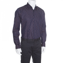 Pre Owned Salvatore Ferragamo Navy Blue Cotton Jacquard Long Sleeve Shirt L