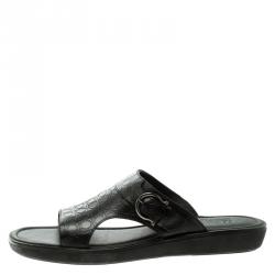 Pre Owned Salvatore Ferragamo Black Gancio Embossed Leather Raja Flat Sandals Size 43