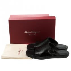 Pre Owned Salvatore Ferragamo Black Gancio Embossed Leather Raja Flat Sandals Size 43